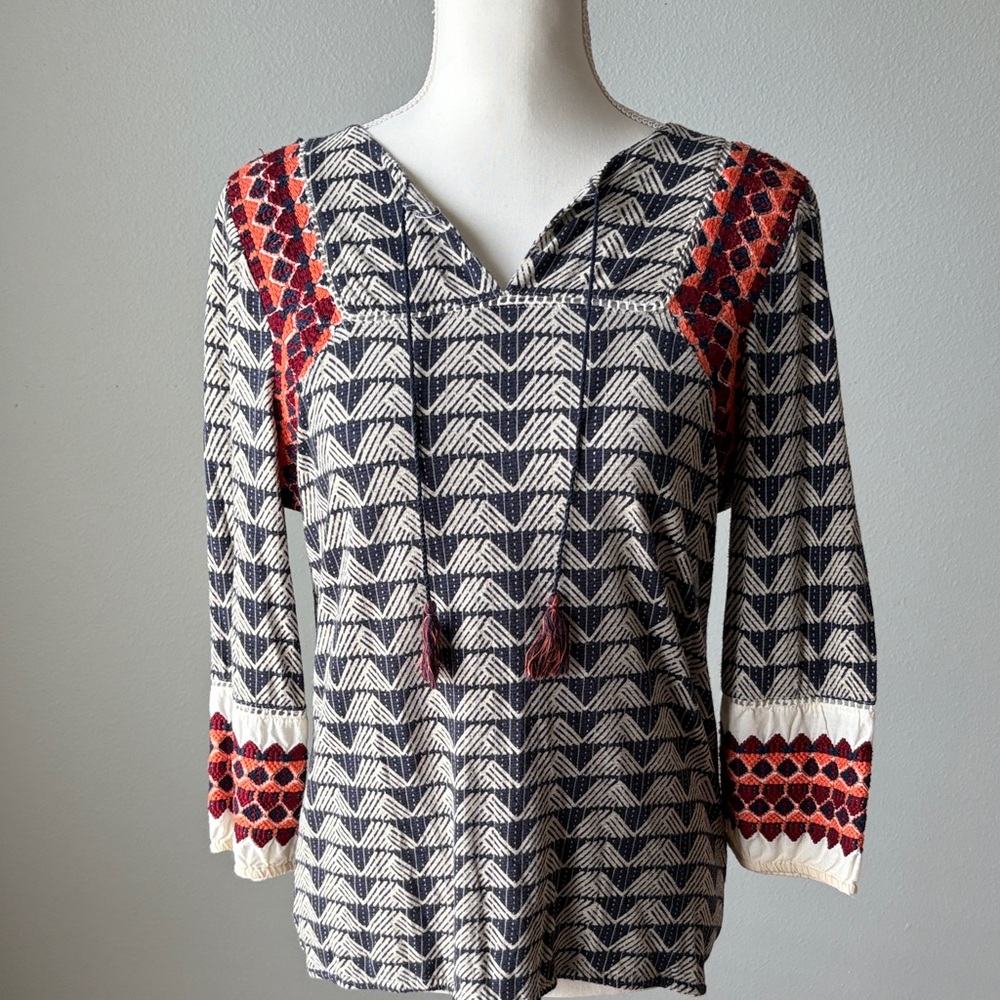 Lucky Brand | Navy Tribal Embroidered Tunic Top